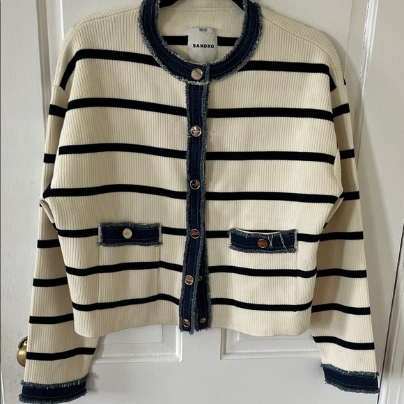 Sandro Cream Jacket with Black Stripes and Denim Trim - Picture 10 of 10